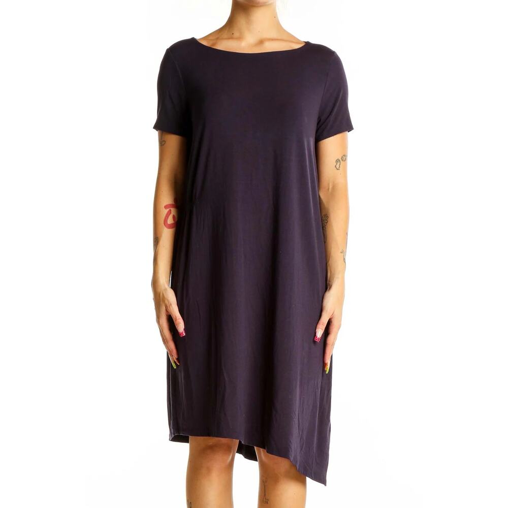 Eileen Fisher Navy Asymmetrical T-Shirt Dress Side Cinch Womens Medium Casual